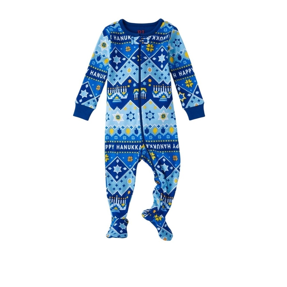 PJ Place Kids Blue Hanukkah Menorah Star‎ Footed Pajamas Sleepwear 12-18m